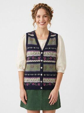 Vintage Northern Reflections Knit Button Up Sweater Vest Cottagecore 90s Navy